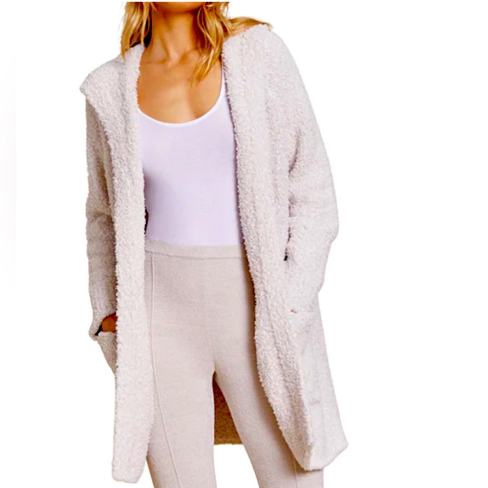 NWT Barefoot Dreams S/M Boucle Hooded Cardi in Almond
